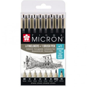 Pigma Micron Set of 6 Fineliners + 1 Brush Pen + 1 Everyday Pen - Image 1