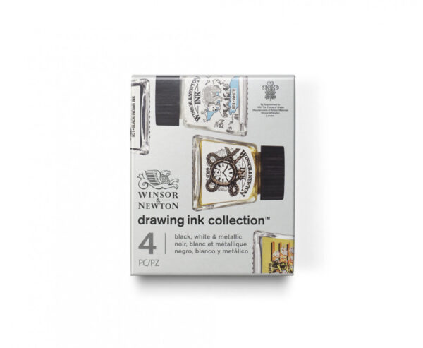 Winsor & Newton Drawing Ink Set of 4 Black, White & Metallic Tones