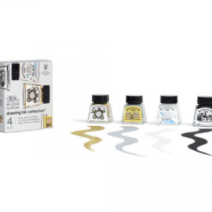 Winsor & Newton Drawing Ink Set of 4 Black, White & Metallic Tones - Image 2
