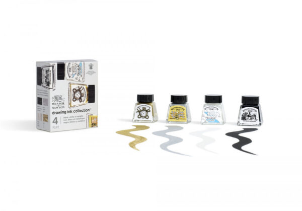 Winsor & Newton Drawing Ink Set of 4 Black, White & Metallic Tones - Image 2