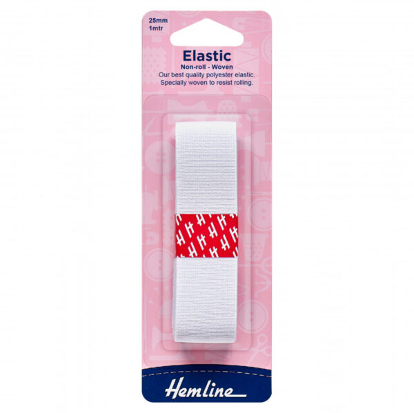 Hemline Non-roll Woven Elastic - White - 25mm x 1m