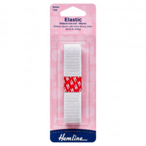 Hemline Ribbed Non-roll Woven Elastic - White - 20mm x 1m - Image 1