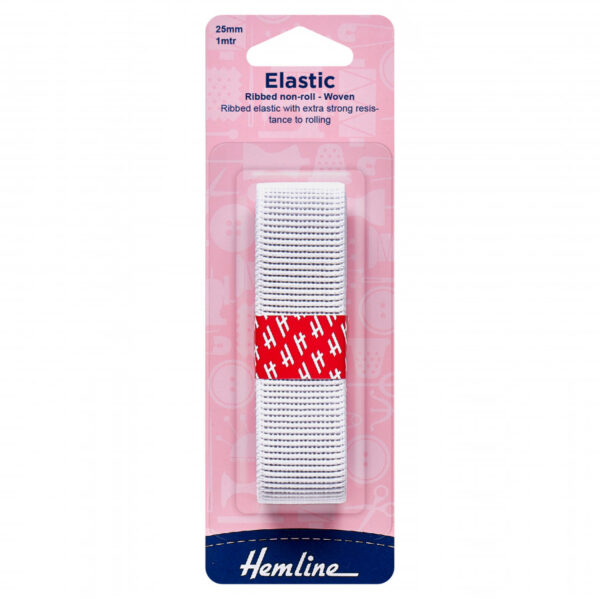 Hemline Ribbed Non-roll Woven Elastic - White - 25mm x 1m
