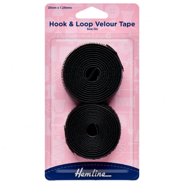 Hemline Hook & Loop Sew-In Velour Tape - Black - 20mm x 1.25m