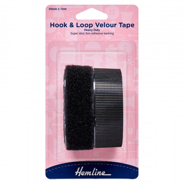 Hemline Heavy Duty Hook & Loop Velour Tape Self Adhesive - Black - 25mm x 1m