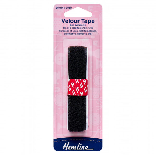 Hemline Hook & Loop Self Stick Velour Tape - Black - 20mm x 30cm