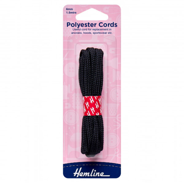 Hemline Polyester Cords - Black - 6mm x 1.5m