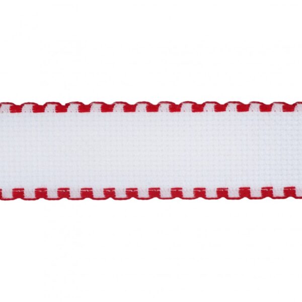 Needlecraft Fabric: Aida Band: 16 Count: 8m x 50mm: White and Red Edging (per metre)