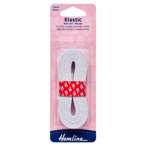Hemline Non-roll Woven Elastic - White - 12mm x 2m