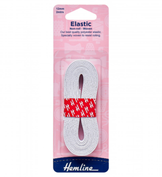 Hemline Non-roll Woven Elastic - White - 12mm x 2m