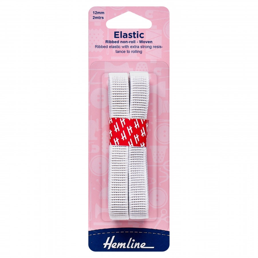 Hemline Ribbed Non-roll Woven Elastic - White - 12mm x 2m