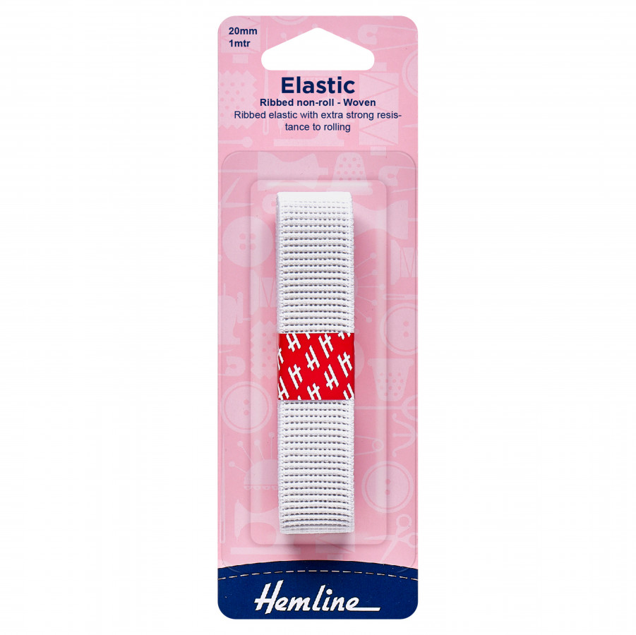 Hemline Ribbed Non-roll Woven Elastic - White - 20mm x 1m