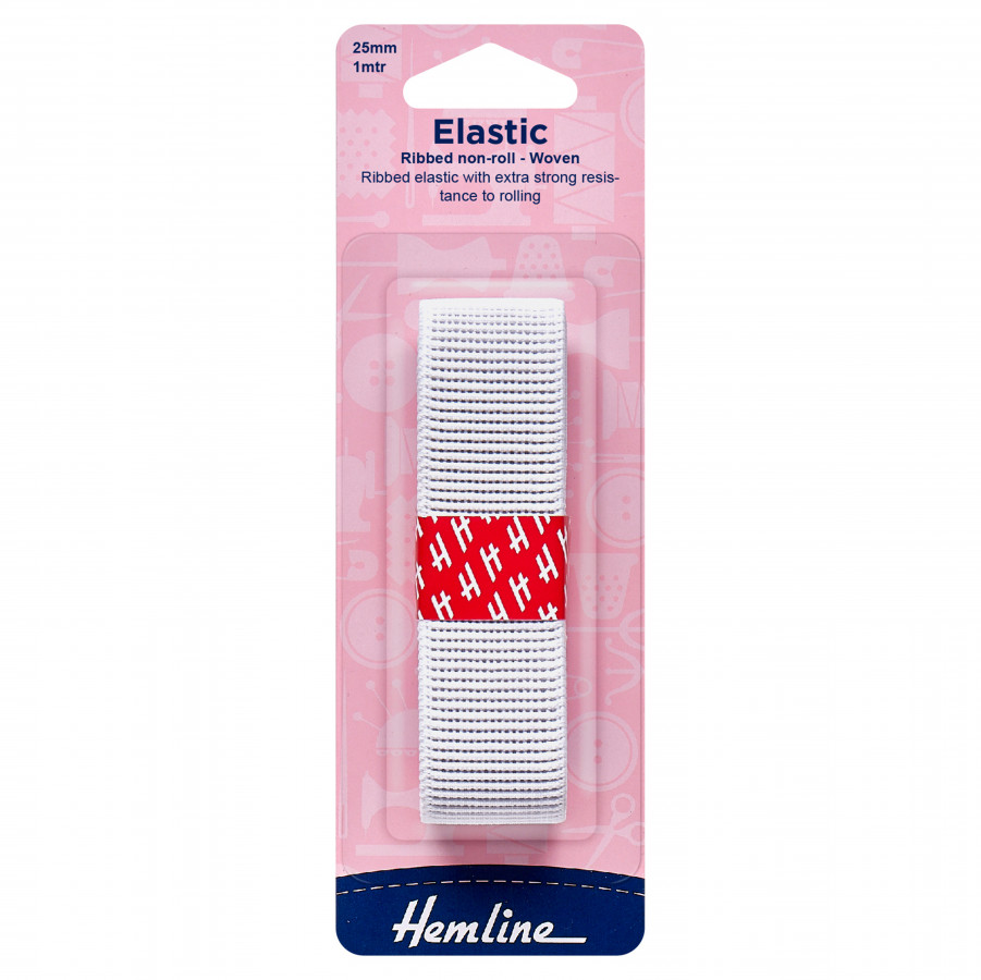 Hemline Ribbed Non-roll Woven Elastic - White - 25mm x 1m