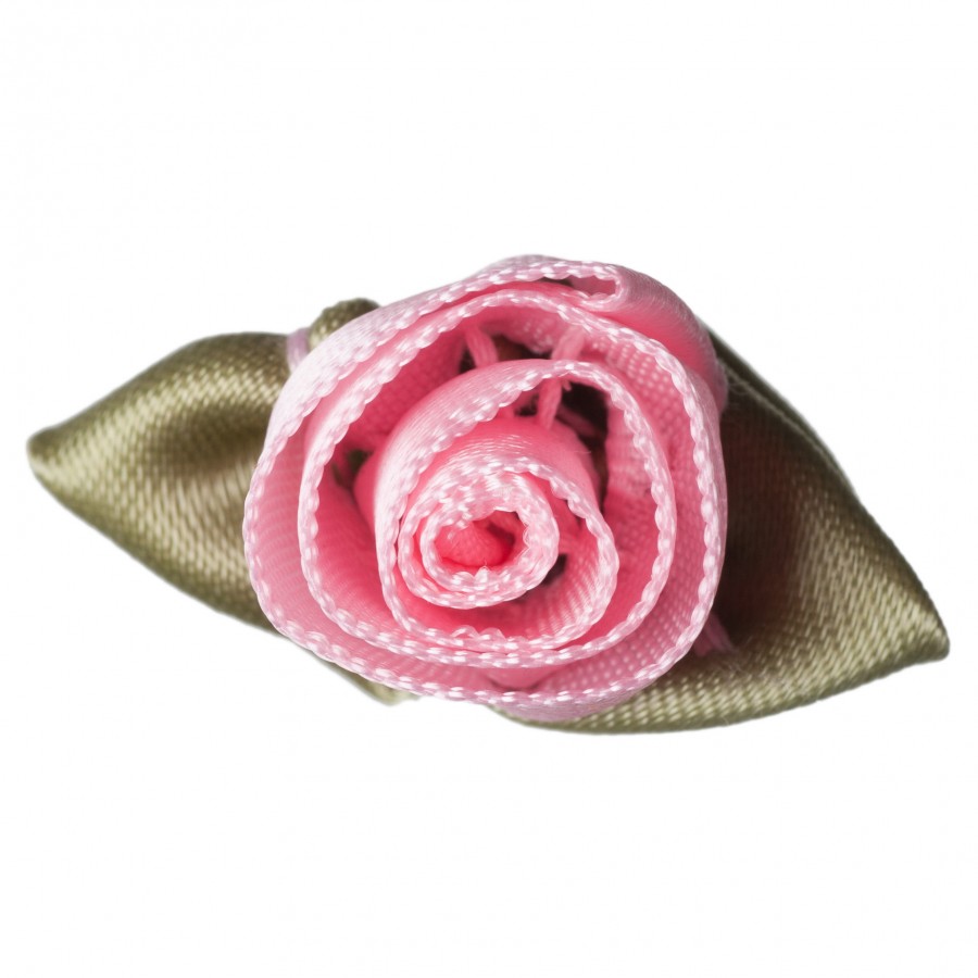 Large Ribbon Rose, With green leaves, Rose Pink 35 x 12mm