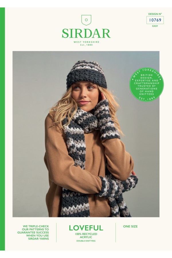 Sirdar Loveful 100% Recycled Yarn Hat, Scarf & Mittens Crochet Pattern 10769