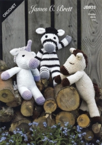 James C Brett Crochet Pattern JB933 Unicorn, Zebra & Horse