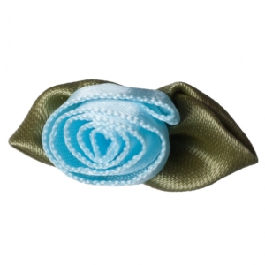 Large Ribbon Rose Pale Blue, with Green Leaves 35 x 12mm