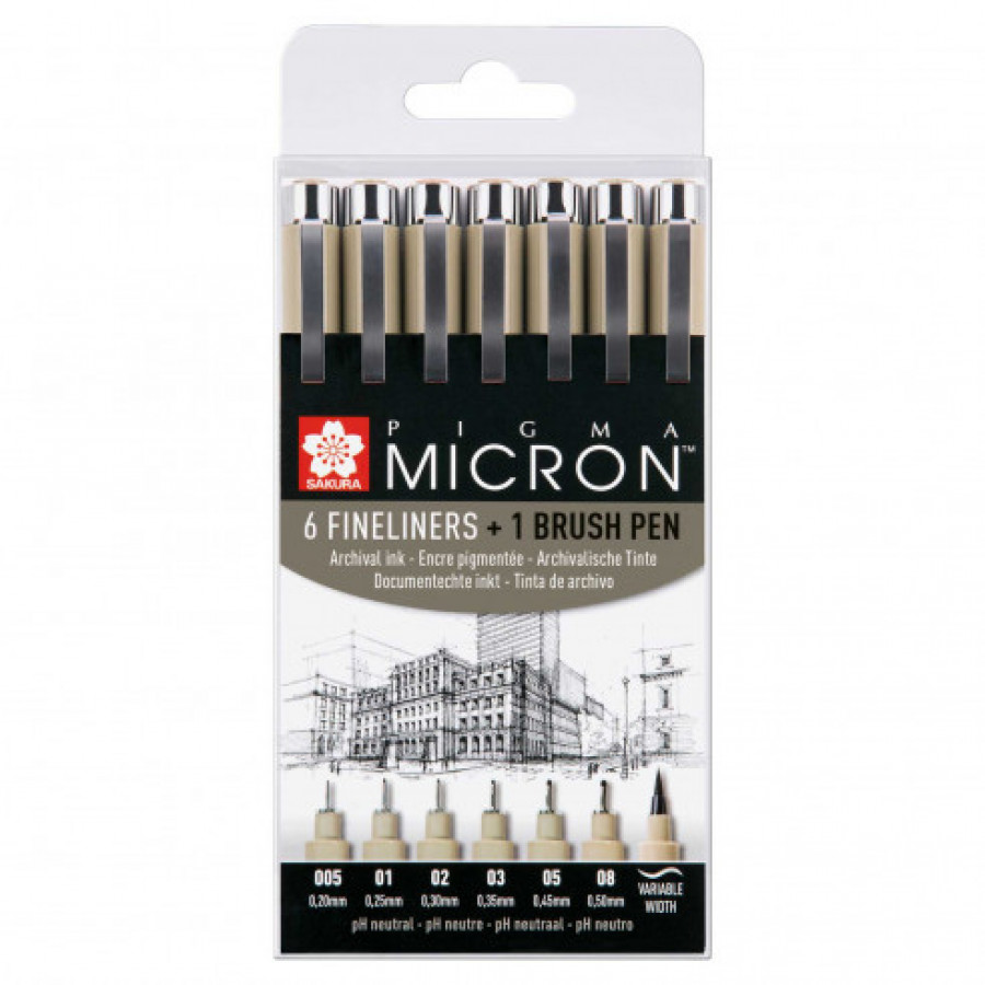 Pigma Micron Set of 6 Fineliners + 1 Brush Pen