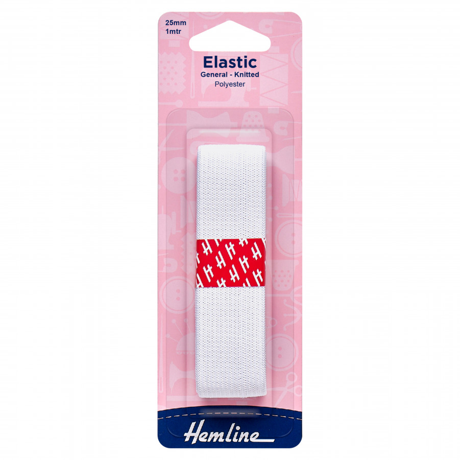 Hemline General Purpose Elastic - White - 25mm x 1m