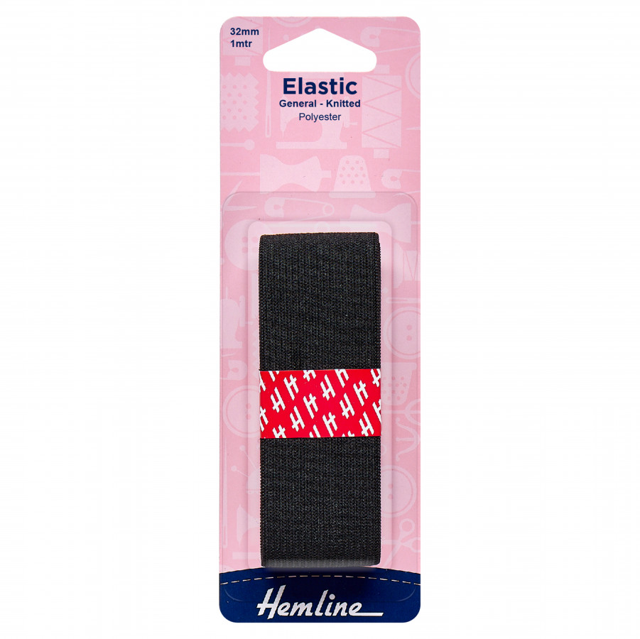 Hemline General Purpose Elastic - Black - 32mm x 1m