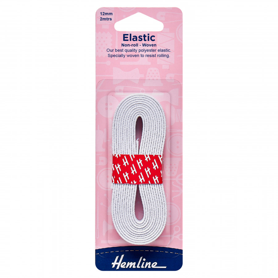 Hemline Non-roll Woven Elastic - White - 12mm x 2m