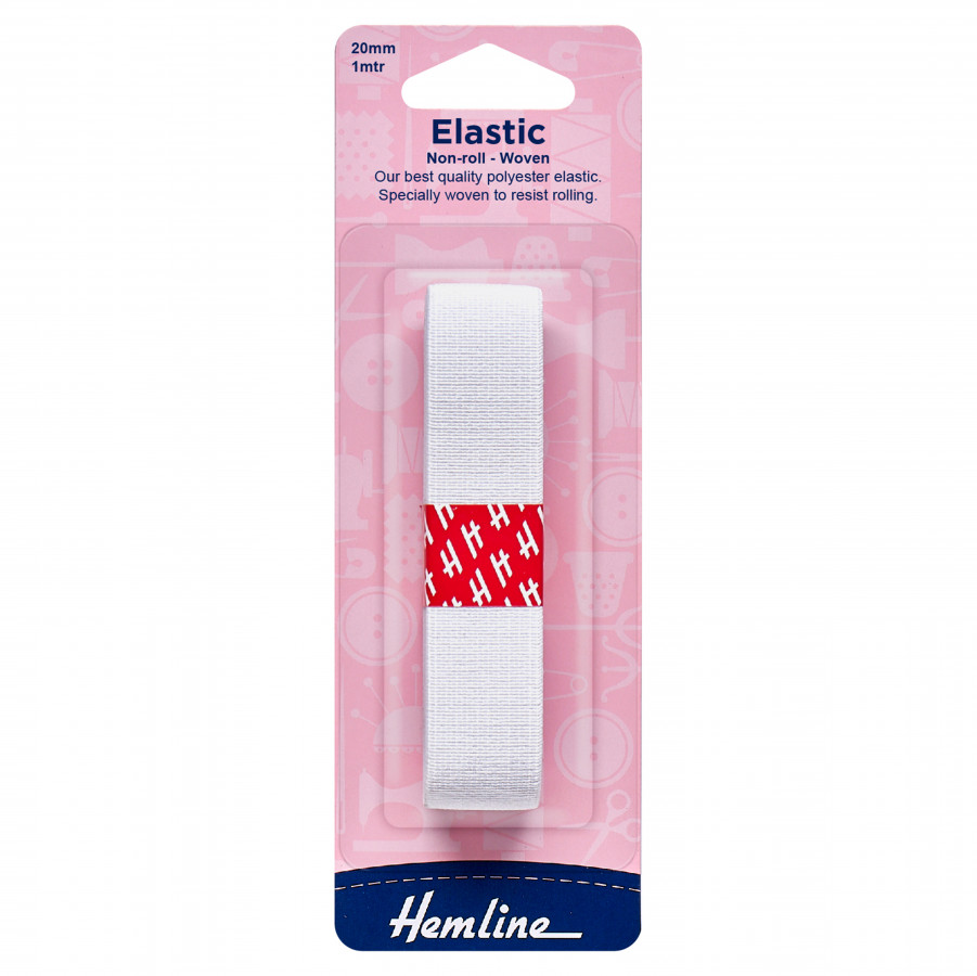 Hemline Non-roll Woven Elastic - White - 20mm x 1m