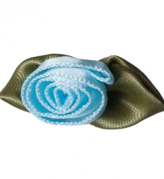 Large Ribbon Rose Pale Blue, with Green Leaves 35 x 12mm